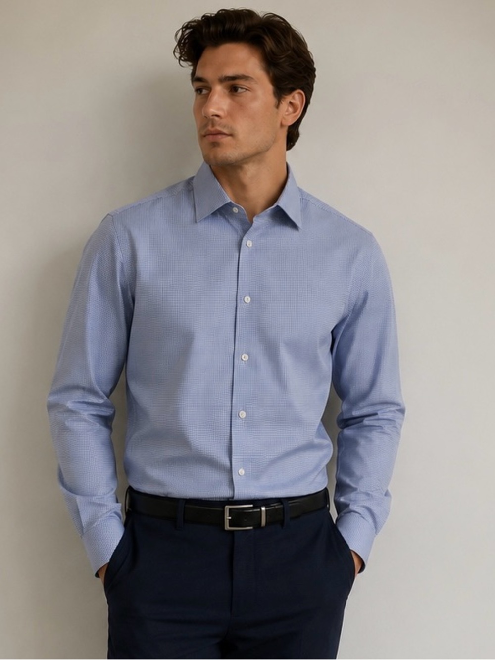 David Donahue Blue Micro-Check Dress Shirt